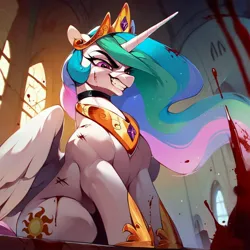 Size: 2048x2048 | Tagged: grimdark, ai content, derpibooru import, machine learning generated, prompter:enterusxrname, stable diffusion, princess celestia, alicorn, blood, castle, choker, crown, evil, evil grin, female, g4, generator:pony diffusion v6 xl, generator:purplesmart.ai, grin, image, indoors, jewelry, jpeg, muscles, muscular female, regalia, scar, sitting, smiling, solo