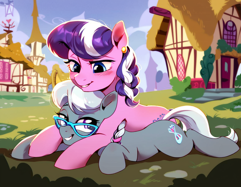 Size: 1152x896 | Tagged: safe, ai content, derpibooru import, machine learning generated, stable diffusion, diamond tiara, silver spoon, cuddling, cute, derpibooru exclusive, ear piercing, earring, g4, generator:pony diffusion v6 xl, glasses, glomp, hoof fluff, image, jewelry, lying down, lying on top of someone, missing accessory, piercing, png, pony pile, ponyville, prompt in description, prompter:lord waite, smiling, snuggling, wrong cutie mark