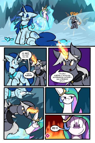 Size: 1567x2351 | Tagged: safe, artist:virmir, princess celestia, oc, oc:snowmare doom, oc:virmare, alicorn, pony, unicorn, comic:so you've become a pony villain, bondage, cloak, clothes, comic, encasement, female, frozen, ice, image, looking at each other, mare, peytral, png, shrinking, teleportation