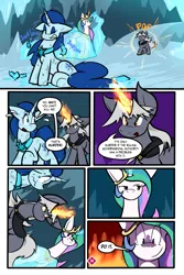 Size: 1567x2351 | Tagged: safe, artist:virmir, princess celestia, oc, oc:snowmare doom, oc:virmare, alicorn, pony, unicorn, comic:so you've become a pony villain, bondage, cloak, clothes, comic, encasement, female, frozen, ice, image, looking at each other, mare, peytral, png, shrinking, teleportation