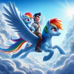 Size: 1024x1024 | Tagged: safe, ai content, derpibooru import, machine learning generated, prompter:*rainbow dash*, rainbow dash, soarin', human, pony, clothes, cloud, cloudy, doppelganger, g4, generator:bing image creator, human on pony action, image, interspecies, jpeg, sky, smiling, spread wings, sun, wings
