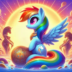 Size: 1024x1024 | Tagged: safe, ai content, derpibooru import, machine learning generated, prompter:*rainbow dash*, rainbow dash, g4, generator:bing image creator, gold, image, jewelry, png, pregnant, spread wings, statue, sun, water, wings
