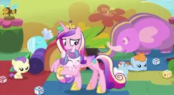 Size: 720x395 | Tagged: safe, derpibooru import, screencap, cranberry pit, cream puff, ginger tea, grape stem, princess cadance, princess flurry heart, stratus wind, alicorn, earth pony, pony, once upon a zeppelin, season 7, female, filly, foal, g4, group, image, jpeg, mare, mother and child, mother and daughter, zeppelin children