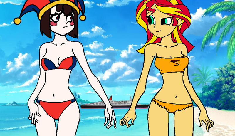 Size: 999x578 | Tagged: suggestive, derpibooru import, sunset shimmer, equestria girls, beach, image, ocean liner, png, pomni, qe2, ship:sunpom, the amazing digital circus