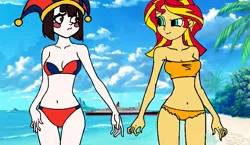 Size: 999x578 | Tagged: suggestive, derpibooru import, sunset shimmer, equestria girls, beach, image, ocean liner, png, pomni, qe2, ship:sunpom, the amazing digital circus