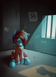 Size: 1501x2048 | Tagged: safe, artist:annna markarova, derpibooru import, rainbow dash, chained, chains, clothes, commissioner:rainbowdash69, cuffed, head down, image, jail cell, jpeg, looking up, never doubt rainbowdash69's involvement, poster, prison cell, prison outfit, prisoner rd, sad