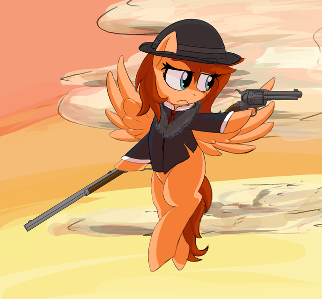 Size: 2150x2000 | Tagged: safe, artist:valeidem, ponerpics import, oc, pegasus, cloud, colt single action army, gun, handgun, image, png, revolver, sunset, weapon, winchester 1873