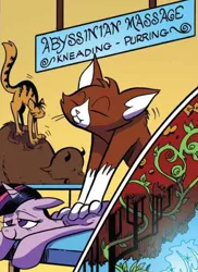 Size: 428x589 | Tagged: safe, artist:andypriceart, derpibooru import, edit, idw, twilight sparkle, twilight sparkle (alicorn), unnamed character, abyssinian, alicorn, buffalo, cat, pony, spoiler:comic, spoiler:comic61, chef, comic, cropped, eyes closed, facial hair, female, furry reminder, g4, horn, image, lidded eyes, mare, massage, official comic, png, relaxed, smiling, unnamed abyssinian