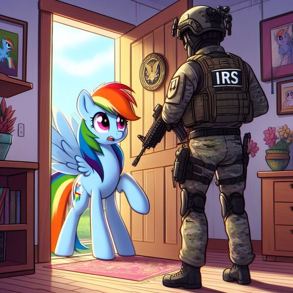 Size: 1024x1024 | Tagged: safe, ai content, derpibooru import, machine learning generated, prompter:doomguy397, rainbow dash, human, pegasus, pony, g4, ambush, clothes, female, gun, image, irs, jpeg, mare, military uniform, oh no, rifle, tax evasion, uniform, weapon, wrong cutie mark