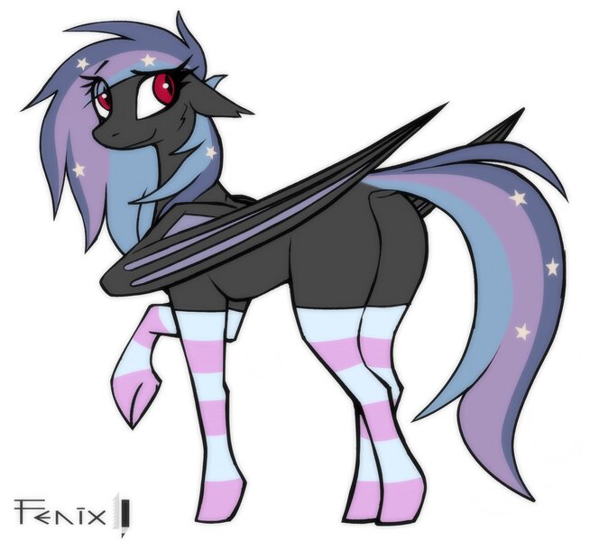 Size: 1992x1827 | Tagged: safe, artist:fenixdust, derpibooru import, oc, oc:stellar wind, unofficial characters only, bat pony, pony, bat pony oc, bat wings, butt, clothes, ethereal mane, image, jpeg, looking at you, looking back, plot, signature, simple background, smiling, socks, solo, starry mane, striped socks, white background, wings