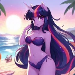 Size: 1024x1024 | Tagged: safe, ai content, derpibooru import, machine learning generated, prompter:doomguy397, twilight sparkle, human, g4, beach, beach chair, bikini, blurry background, chair, clothes, crepuscular rays, female, generator:dall-e 3, horn, horned humanization, humanized, image, jpeg, legs together, looking at you, ocean, outdoors, pony ears, side-tie bikini, solo, sunlight, swimsuit, water