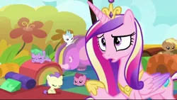 Size: 720x406 | Tagged: safe, derpibooru import, screencap, coconut palm, cranberry pit, cream puff, grape stem, princess cadance, stratus wind, alicorn, earth pony, pony, once upon a zeppelin, season 7, airship, baby, baby pony, bowing, crown, daycare, eyes closed, female, filly, foal, g4, group, hoof shoes, image, jewelry, jpeg, mare, peytral, princess shoes, regalia, zeppelin, zeppelin children
