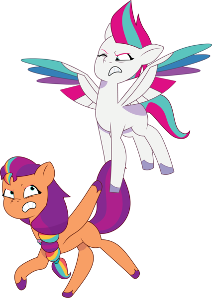 Size: 1702x2396 | Tagged: safe, artist:prixy05, derpibooru import, sunny starscout, zipp storm, earth pony, pegasus, pony, g5, my little pony: tell your tale, duo, duo female, female, fight, image, mane stripe sunny, mare, png, simple background, tail, tail pull, transparent background, vector