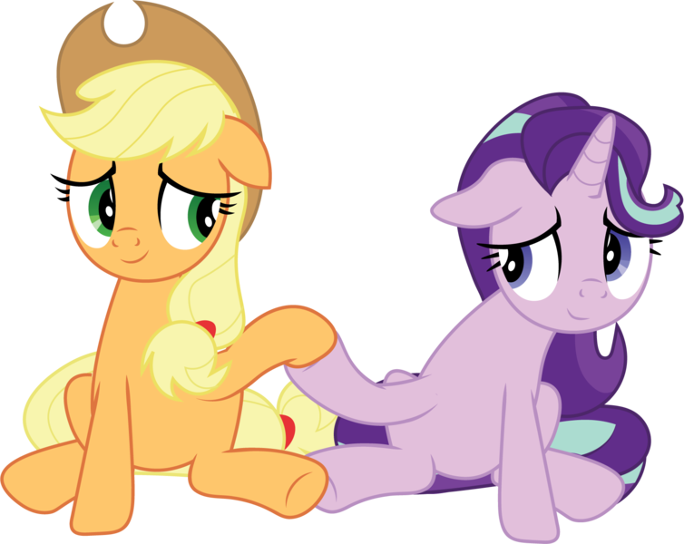Size: 1736x1382 | Tagged: safe, artist:prixy05, derpibooru import, applejack, starlight glimmer, earth pony, pony, unicorn, duo, duo female, female, g4, glimmerjack, holding hooves, image, lesbian, mare, png, shipping, simple background, transparent background, vector