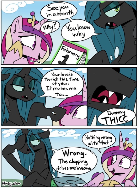Size: 2066x2819 | Tagged: safe, artist:icey, derpibooru import, princess cadance, queen chrysalis, calendar, close-up, comic, dialogue, dummy thicc, duo, duo female, female, g4, hearts and hooves day, holiday, image, implied weight gain, jpeg, princess of love, speech bubble, valentine's day