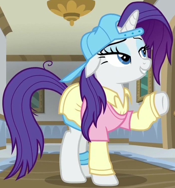 Size: 693x746 | Tagged: safe, derpibooru import, screencap, rarity, pony, unicorn, friendship university, season 8, spoiler:s08, alternate hairstyle, backwards ballcap, baseball cap, cap, clothes, cropped, disguise, female, g4, hat, image, jpeg, lidded eyes, mare, plainity, raised hoof, smiling, solo