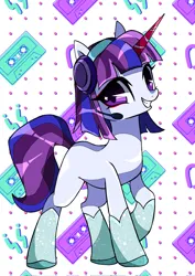 Size: 1448x2048 | Tagged: safe, artist:stacy_165cut, derpibooru import, pony, unicorn, g5, cassette jam, compact cassette, female, headset mic, image, jpeg, looking at you, mare, smiling, smiling at you, solo