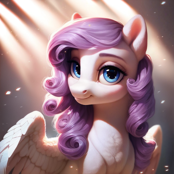 Size: 1024x1024 | Tagged: safe, ai content, derpibooru import, machine learning generated, prompter:maresforever, stable diffusion, oc, oc:lilac breeze, pegasus, pony, female, generator:purplesmart.ai, image, looking at you, mare, png, smiling, solo