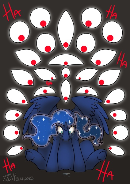 Size: 1527x2160 | Tagged: semi-grimdark, artist:jjsh, derpibooru import, princess luna, alicorn, pony, blue eyes, blue mane, crying, eye, eyes, female, g4, hooves, horn, image, jpeg, mare, sitting, solo, spread wings, taunt, wings