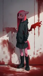 Size: 768x1344 | Tagged: semi-grimdark, ai content, derpibooru import, machine learning generated, prompter:kopaleo, stable diffusion, pinkie pie, anthro, blood, boots, clothes, g4, generator:pony diffusion v6 xl, hoodie, image, jpeg, pinkamena diane pie, prompt in description, shoes, skirt, solo, wings