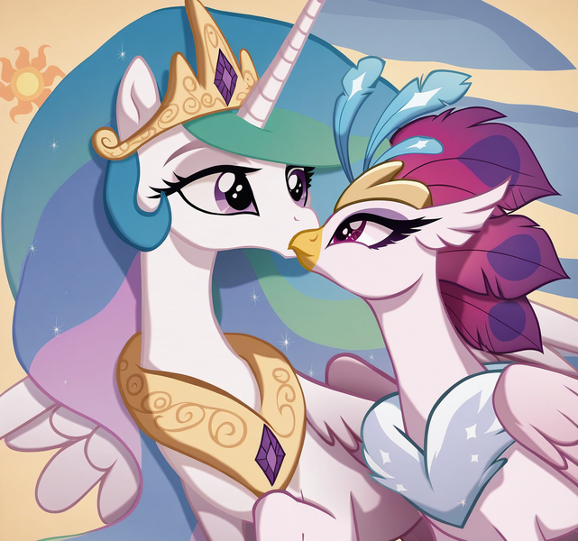 Size: 1328x1244 | Tagged: safe, ai content, derpibooru import, machine learning generated, prompter:dreaming dusk, stable diffusion, princess celestia, queen novo, alicorn, classical hippogriff, hippogriff, my little pony: the movie, beak, bust, claw, duo, duo female, feathered fetlocks, feathered wings, female, g4, generator:pony diffusion v6 xl, generator:purplesmart.ai, image, kissing, lesbian, novolestia, peytral, png, purple eyes, romantic, shipping, spread wings, surprise kiss, wings