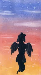 Size: 1920x3500 | Tagged: safe, artist:chevaleto, derpibooru import, pegasus, pony, cloud, derpibooru exclusive, flying, gradient background, high res, image, png, silhouette, solo, spread wings, sunrise, traditional art, watercolor painting, wings