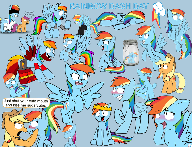 Size: 6500x5000 | Tagged: safe, artist:sketchyboi25, derpibooru import, applejack, rainbow dash, scootaloo, earth pony, pegasus, pony, fanfic:rainbow factory, appledash, blue background, blushing, cutie mark, deltarune, family guy death pose, fanfic art, female, hand on head, image, jar, jpeg, lego, lesbian, lesbian pride flag, mixels, pointing, pride, pride flag, rainbow dash day, rainbow factory dash, shipping, simple background, spamton, spread wings, wings