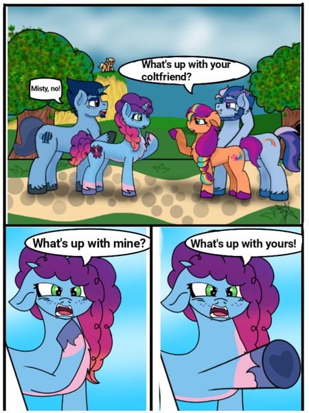 Size: 2880x3840 | Tagged: safe, artist:dawkinsdalmatian, derpibooru import, sunny starscout, earth pony, pony, unicorn, g5, alphabittle blossomforth, alphabrightdawn, argyle starshine, comic, dialogue, digital art, duo, duo male and female, father and child, father and daughter, female, filly, foal, group, height difference, image, incest, looking at each other, looking at someone, male, mane stripe sunny, mare, misty brightdawn, open mouth, pale belly, peach fizz, physique difference, pippsqueaks, png, pointing, pointing at self, rebirth misty, shipping, slender, spanish, stallion, straight, sunny starshine, text, thin, translated in the description, translation, tree