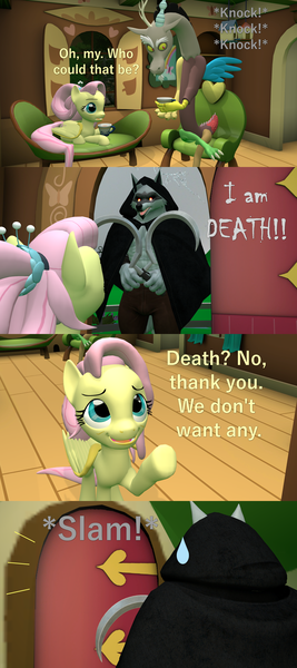 Size: 1920x4320 | Tagged: safe, artist:papadragon69, derpibooru import, discord, fluttershy, wolf, 3d, crossover, cup, death (puss in boots), door slam, image, older, older fluttershy, png, puss in boots, puss in boots: the last wish, sickle, simpsons did it, source filmmaker, sweat, sweatdrop, teacup, the simpsons