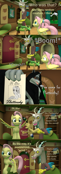 Size: 1920x5400 | Tagged: safe, artist:papadragon69, derpibooru import, discord, fluttershy, wolf, 3d, comic, crossover, cup, death (puss in boots), image, mispronunciation, older, older fluttershy, paper, png, puss in boots, puss in boots: the last wish, sickle, simpsons did it, source filmmaker, teacup, the simpsons