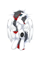 Size: 1385x2000 | Tagged: safe, artist:rieyadraws, derpibooru import, oc, oc:jet blast, unofficial characters only, pegasus, pony, bed, blushing, body pillow, body pillow design, chest fluff, cute, cutie mark, ear fluff, floppy ears, image, jet engine, jetbetes, looking at you, lying down, partially open wings, png, shy, two toned mane, white fur, wings