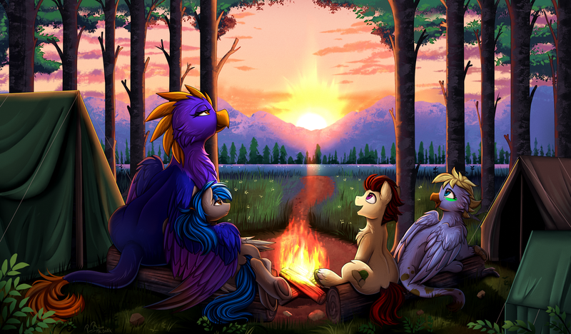 Size: 3954x2311 | Tagged: safe, artist:pridark, derpibooru import, oc, oc:grace, oc:rain remedy, unofficial characters only, earth pony, gryphon, pegasus, pony, campfire, earth pony oc, griffon oc, image, pegasus oc, png, wings