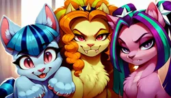 Size: 2520x1440 | Tagged: safe, ai content, derpibooru import, machine learning generated, stable diffusion, adagio dazzle, aria blaze, sonata dusk, cat, catified, chest fluff, cute, cute little fangs, disdain, ear fluff, evil grin, fangs, frown, g4, generator:pony diffusion v6 xl, grin, image, indoors, jpeg, lidded eyes, looking at you, open mouth, open smile, paws, prompter:siber, silly, smiling, smiling at you, species swap, the dazzlings, trio, wide eyes