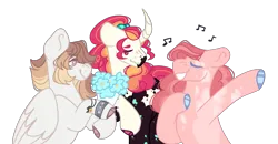 Size: 4304x2245 | Tagged: safe, artist:pixiesimm, derpibooru import, oc, oc:bridal party, oc:bright heart, oc:touchdown, unofficial characters only, earth pony, pegasus, pony, unicorn, female, flower, image, male, mare, png, simple background, stallion, transparent background