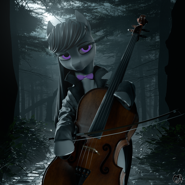 Size: 2560x2560 | Tagged: safe, artist:deadair, derpibooru import, octavia melody, earth pony, pony, friendship is magic, 3d, blender, blender cycles, bush, cello, clothes, coat, female, feral, forest, front view, g4, grass, high res, image, looking at you, musical instrument, nature, night, png, purple eyes, render, solo, solo female, standing, tree