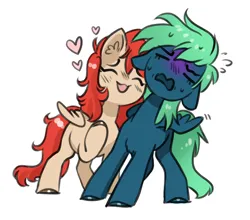 Size: 2564x2260 | Tagged: safe, artist:opalacorn, derpibooru import, oc, oc:emerald, oc:firefly, unofficial characters only, pegasus, pony, commission, emanata, eyes closed, female, floating heart, floppy ears, heart, image, jpeg, lesbian, mare, nuzzling, oc x oc, open mouth, open smile, plewds, shipping, simple background, smiling, white background, ych result