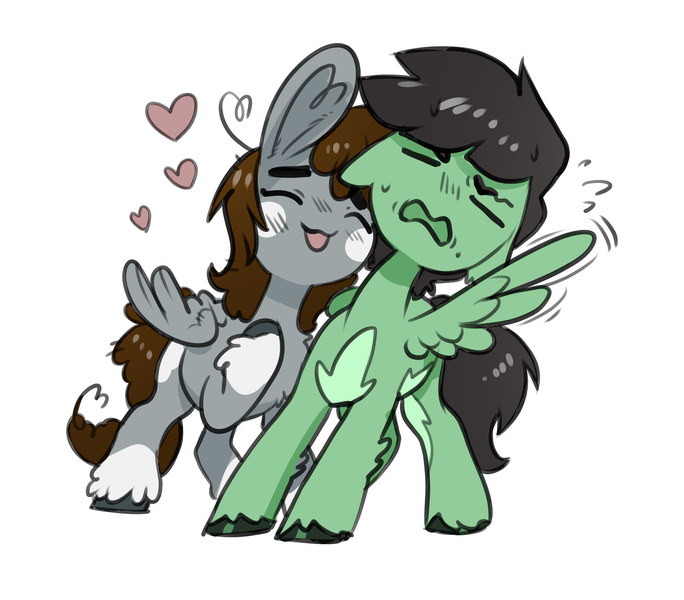 Size: 3139x2753 | Tagged: safe, artist:opalacorn, derpibooru import, oc, unofficial characters only, pegasus, pony, clothes, commission, duo, emanata, eyes closed, floating heart, frown, heart, image, jpeg, nuzzling, oc x oc, one wing out, plewds, shipping, simple background, socks, unshorn fetlocks, white background, wings, ych result