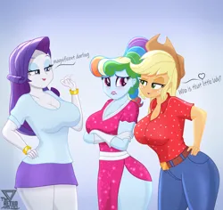 Size: 3300x3121 | Tagged: safe, artist:theretroart88, derpibooru import, applejack, rainbow dash, rarity, human, equestria girls, alternate hairstyle, blushing, breasts, busty applejack, busty rainbow dash, busty rarity, cleavage, clothes, crossed arms, dress, female, high res, image, megaradash, paint tool sai, png, rainbow dash always dresses in style, rainbow dash day, trio, trio female