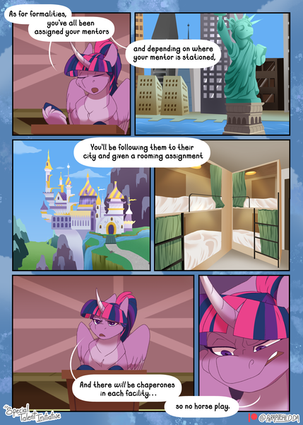Size: 1800x2520 | Tagged: safe, artist:parrpitched, derpibooru import, twilight sparkle, twilight sparkle (alicorn), alicorn, pony, comic:the special talent initiative, g1, bed, canterlot, comic, horn, image, manehattan, png, train station, wings