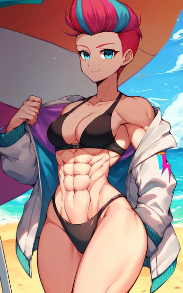 Size: 2560x4096 | Tagged: suggestive, ai content, derpibooru import, editor:sammykun, machine learning generated, stable diffusion, zipp storm, human, g5, my little pony: a new generation, abs, beach, belly button, bikini, black bikini, breasts, busty zipp storm, clothes, cloud, cutie mark, female, fetish, generator:pony diffusion v6 xl, generator:purplesmart.ai, humanized, image, jacket, jpeg, looking at you, midriff, muscle fetish, muscles, muscular female, ocean, open clothes, open jacket, prompter:sammykun, reasonably sized breasts, ripped zipp, sand, short hair, sky, smiling, solo, swimsuit, umbrella, water, wide hips