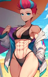 Size: 2560x4096 | Tagged: suggestive, ai content, derpibooru import, editor:sammykun, machine learning generated, stable diffusion, zipp storm, human, g5, my little pony: a new generation, abs, beach, belly button, bikini, black bikini, breasts, busty zipp storm, clothes, cloud, cutie mark, female, fetish, generator:pony diffusion v6 xl, generator:purplesmart.ai, humanized, image, jacket, jpeg, looking at you, midriff, muscle fetish, muscles, muscular female, ocean, open clothes, open jacket, prompter:sammykun, reasonably sized breasts, ripped zipp, sand, short hair, sky, smiling, solo, swimsuit, umbrella, water, wide hips