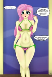Size: 2675x3968 | Tagged: suggestive, artist:lennondash, derpibooru import, fluttershy, human, equestria girls, ankles, belly button, bikini, bikini bottom, bikini top, blushing, breasts, busty fluttershy, cleavage, clothes, dialogue, door, eyeshadow, female, g4, image, jpeg, legs, looking at you, makeup, midriff, open mouth, solo, solo female, speech bubble, string bikini, swimsuit, thigh gap, thighs, word bubble