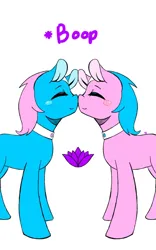 Size: 600x960 | Tagged: safe, artist:korannanightmare, derpibooru import, aloe, lotus blossom, earth pony, pony, blushing, boop, choker, cute, eyes closed, female, image, mare, noseboop, onomatopoeia, png, siblings, simple background, sisters, spa twins, white background