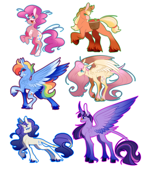 Size: 1897x2256 | Tagged: safe, artist:sunnyduck45, derpibooru import, applejack, fluttershy, pinkie pie, rainbow dash, rarity, twilight sparkle, twilight sparkle (alicorn), alicorn, classical unicorn, earth pony, pegasus, pony, unicorn, alternate design, apple, apple basket, basket, cloven hooves, coat markings, female, food, horn, image, jewelry, leonine tail, mane six, mare, missing cutie mark, open mouth, open smile, outline, png, ring, simple background, smiling, spread wings, tail, tail feathers, tail ring, transparent background, twitterina design, unshorn fetlocks, wings