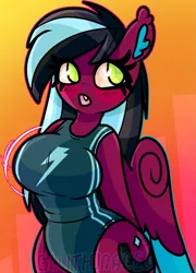 Size: 1423x1975 | Tagged: suggestive, artist:sexygoatgod, derpibooru import, oc, oc:razzmatazz gleam, unofficial characters only, anthro, hybrid, pegasus, chibi, clothes, female, image, one-piece swimsuit, pegabat, png, solo, swimsuit