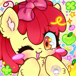 Size: 1440x1440 | Tagged: safe, artist:fluffypillarr, derpibooru import, apple bloom, earth pony, pony, adorabloom, apple, blushing, chest fluff, clover, cute, ear fluff, female, filly, foal, food, four leaf clover, hoof fluff, image, jpeg, looking at you, one eye closed, open mouth, solo, stars, wink