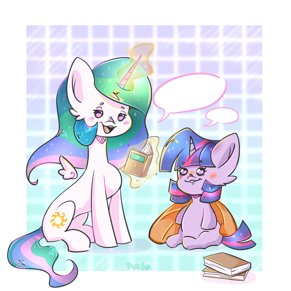 Size: 3035x3035 | Tagged: safe, artist:pozya1007, derpibooru import, princess celestia, twilight sparkle, alicorn, pony, unicorn, blushing, book, cute, duo, duo female, female, g4, image, magic, open mouth, png, reading, speech bubble, together, twiabetes, unicorn twilight