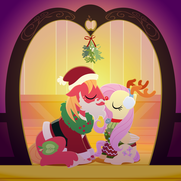 Size: 2160x2160 | Tagged: safe, anonymous artist, derpibooru import, big macintosh, fluttershy, earth pony, pegasus, pony, series:fm holidays, antlers, bell, bell collar, christmas, christmas lights, christmas sweater, christmas wreath, clothes, collar, costume, earmuffs, eyes closed, fake antlers, fake beard, female, fluttermac, g4, hat, high res, holiday, image, kiss on the lips, kissing, lineless, male, mare, mistletoe, png, red nose, reindeer antlers, remake, santa costume, santa hat, shipping, sitting, smiling, stallion, straight, sweater, wreath