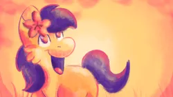 Size: 1920x1080 | Tagged: safe, artist:euspuche, derpibooru import, oc, oc:liliya krasnyy, unofficial characters only, earth pony, pony, female, filly, flower, foal, image, looking up, open mouth, png, smiling, traditional art, watercolor painting