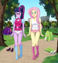 Size: 975x1050 | Tagged: suggestive, artist:riouku, derpibooru import, fluttershy, sci-twi, twilight sparkle, human, equestria girls, bangs, blushing, boots, breasts, building, clothes, embarrassed, embarrassed underwear exposure, female, g4, glasses, hairclip, high heel boots, image, jpeg, kneesocks, necktie, outdoors, panties, park, ponytail, shirt, shoes, skirt, sky, socks, trail, tree, underwear, vest